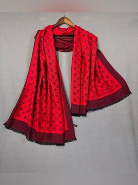Authentic Louis Vuitton Red and Black Monogram Silk Shawl Scarf, Made in Italy